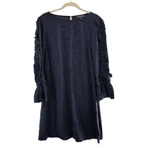Luxology Navy Pinstripe Ruffle Sleeve Dress 8 Rayon Tencel Striped Old Money